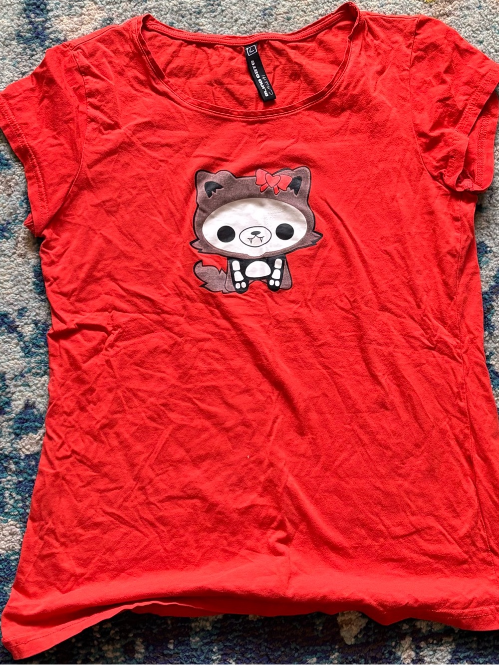Red Short Sleeve Tee with Cute Cartoon Animal Graphic